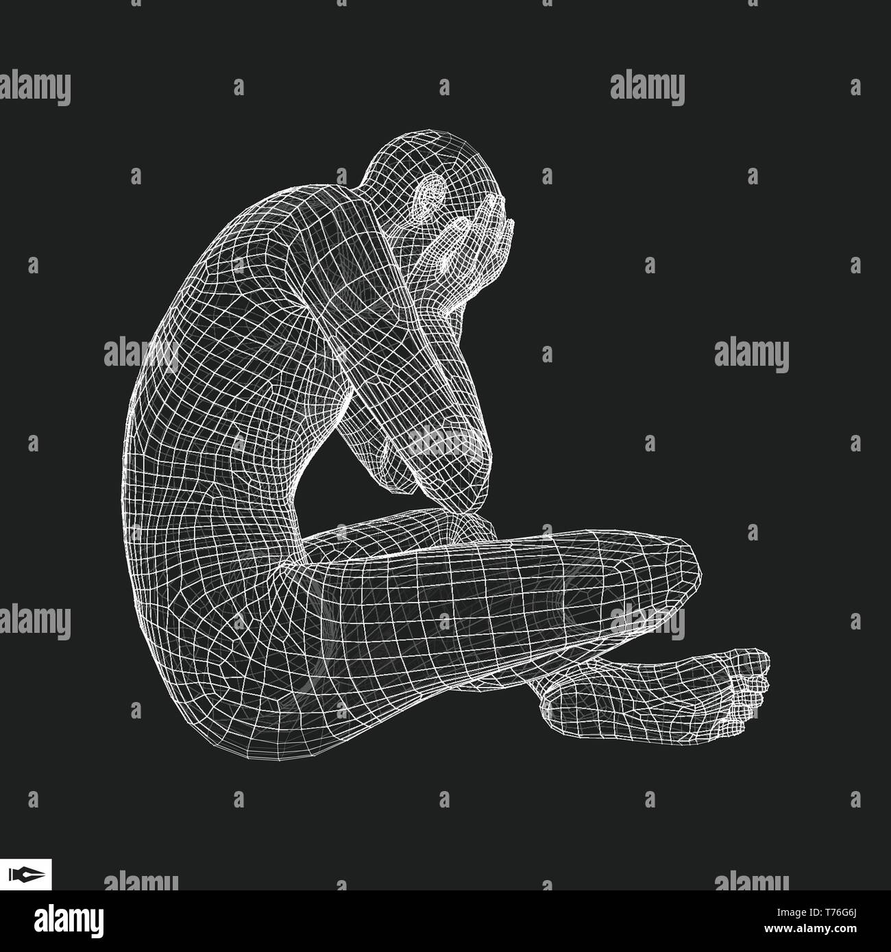 Mann in einem Denker darstellen. 3D-Modell des Menschen. Geometrischen Design. Menschliche Körper Kabel Modell. Wirtschaft, Wissenschaft, Psychologie oder Philosophie Vektor Illustration. Stock Vektor