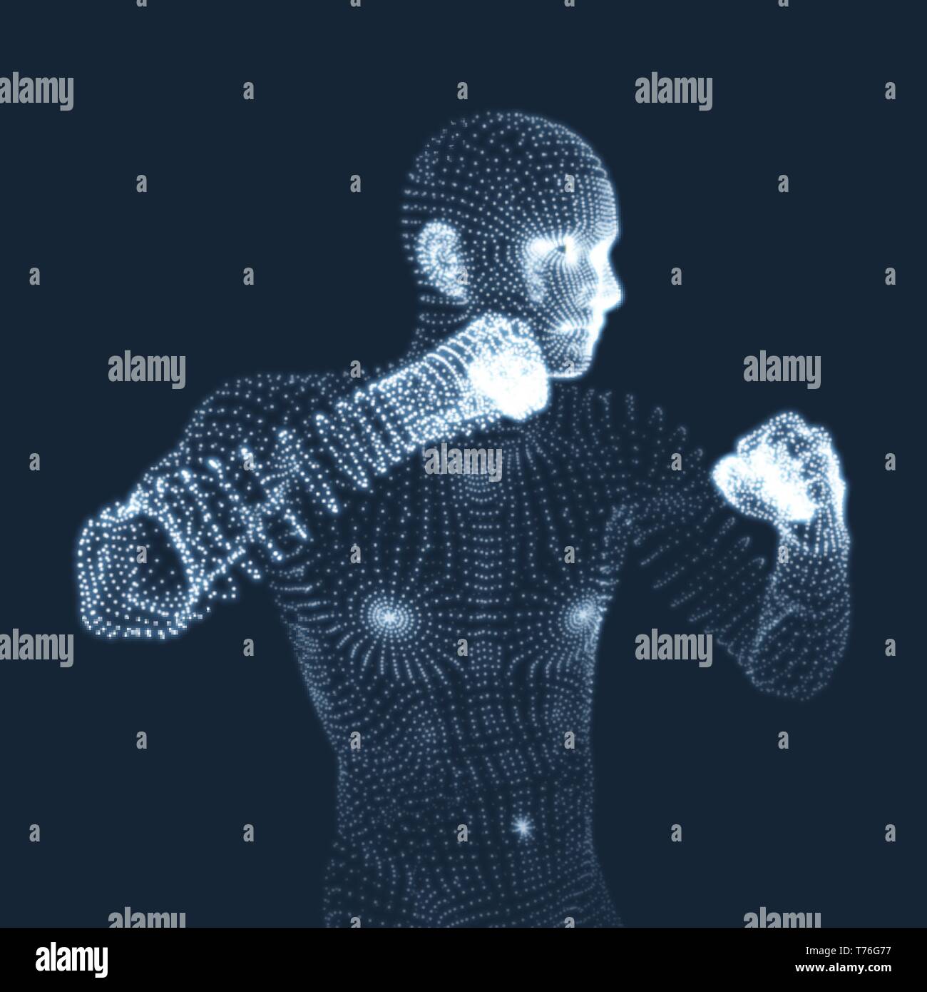 Boxer. Kampf gegen die Menschen. 3D-Modell des Menschen. Human Body Model. Body Scanning. Ansicht von der menschlichen Körper. Vektorgrafiken aus Teilchen. Stock Vektor