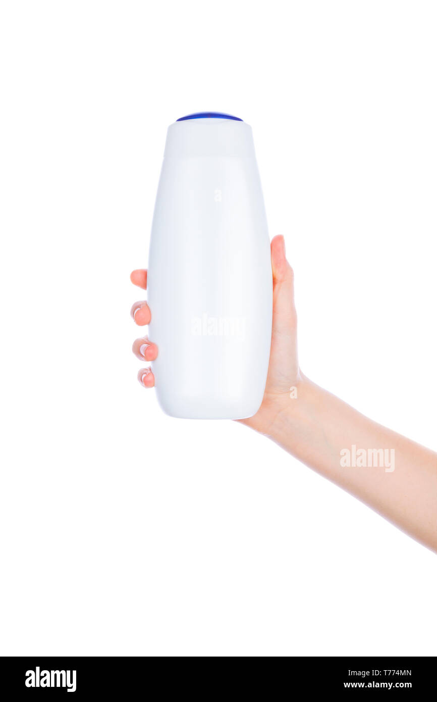 Weiße Flasche Duschgel lotion Creme in den Händen Muster auf weißem Hintergrund isolation Stockfoto