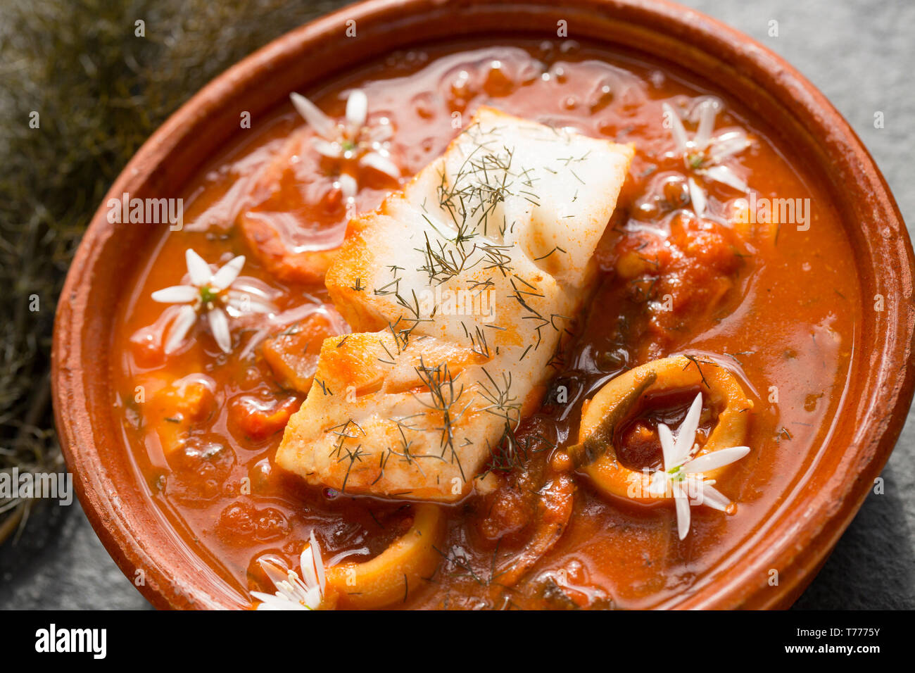Eine Schüssel Fischeintopf mit Pollack Pollachius pollachius, und squid, Loligo vulgaris. Beide gefangen auf der Stange und Line in den Ärmelkanal. Sie hav Stockfoto