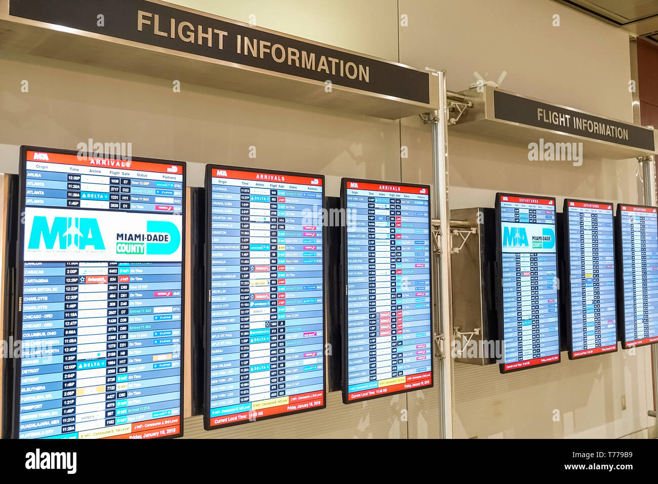 Miami Florida, Internationaler Flughafen MIA, Fluginformationen, digitale Fluginformationstafeln, Ankünfte, FL190118010 Stockfoto