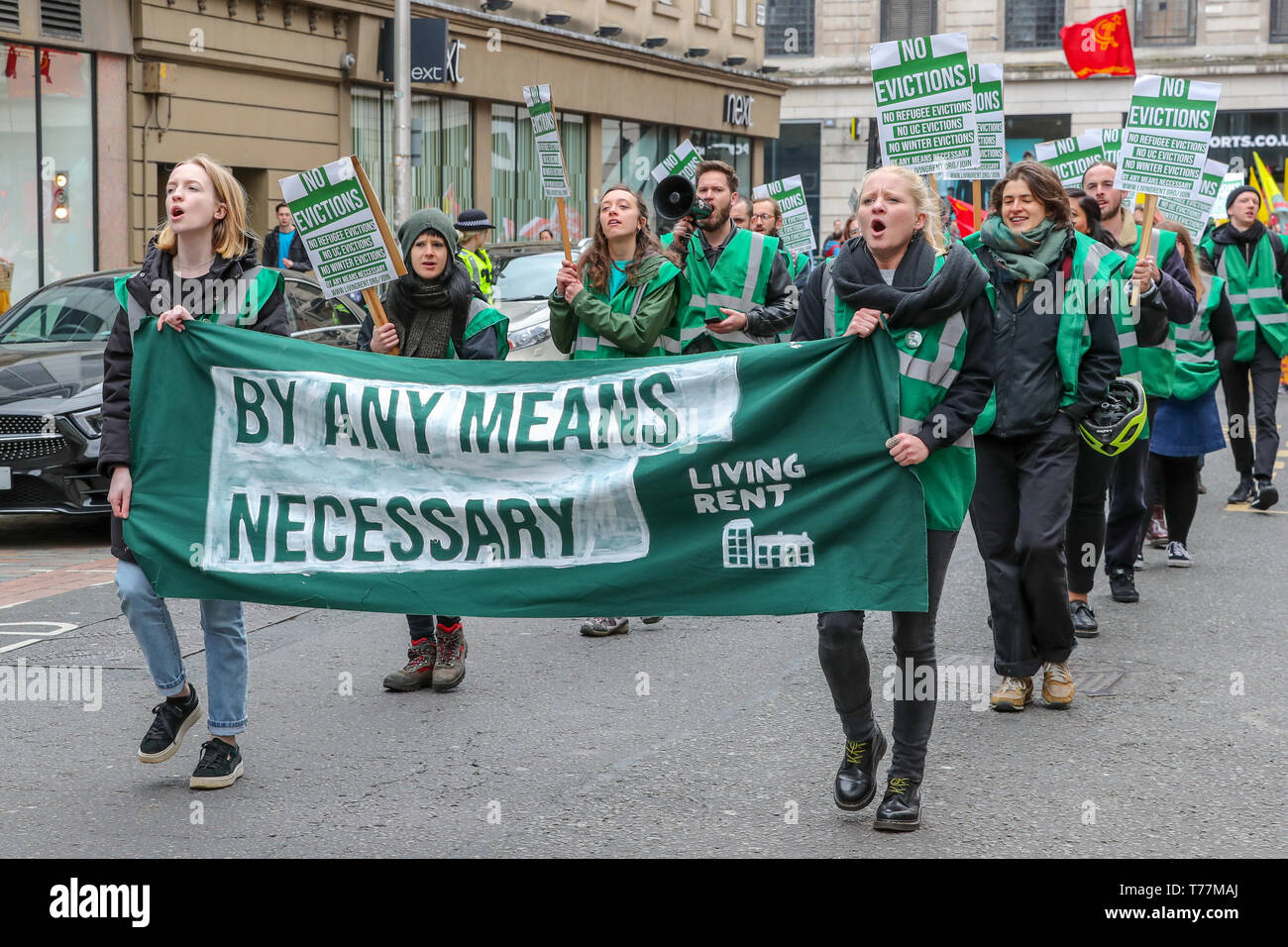 Glasgow, UK. 05 Mai, 2019. Vertreter und Beamten von zahlreichen Gewerkschaften und politischen Parteien nahmen an der traditionellen Tag der Parade durch das Stadtzentrum von Glasgow. Die Parade wurde durch eine Pipe Band und Brass Band led vor dem Abschluss auf dem George Square. Credit: Findlay/Alamy leben Nachrichten Stockfoto