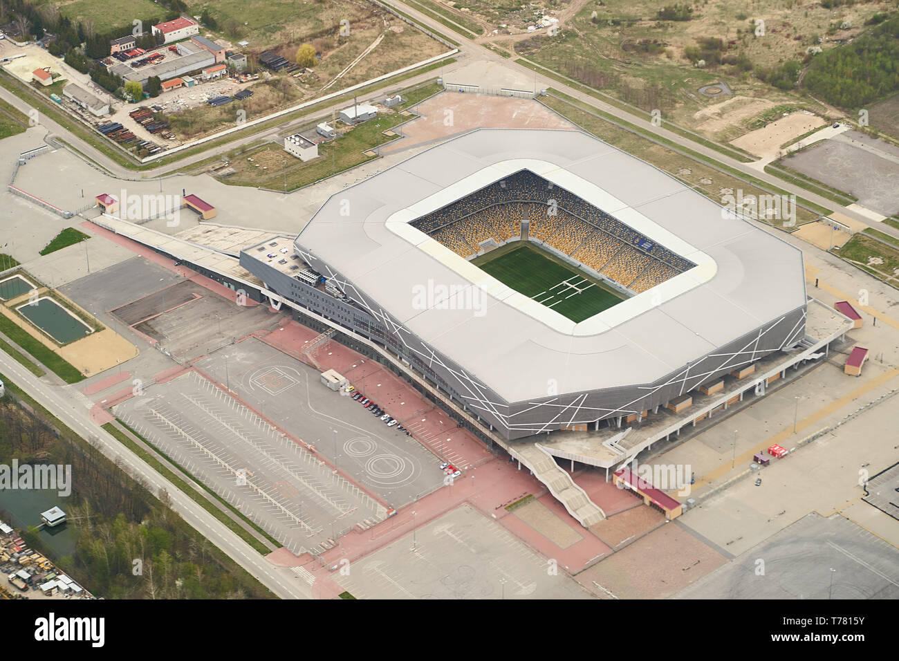 Lemberg, Ukraine: 21. April 2019 - Luftbild von Arena Lemberg ein Fußballstadion in 2011 eröffnet. Stockfoto