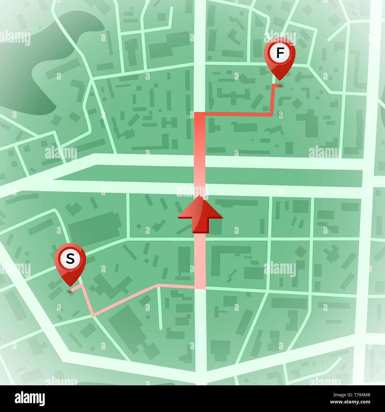 Abstrakte Stadtplan. GPS und Navigation Konzept. Start- und Endpunkt und gepflasterte Route. Drucken mit Stadt Topographie. Stadt Wohnviertel Regelung Stock Vektor