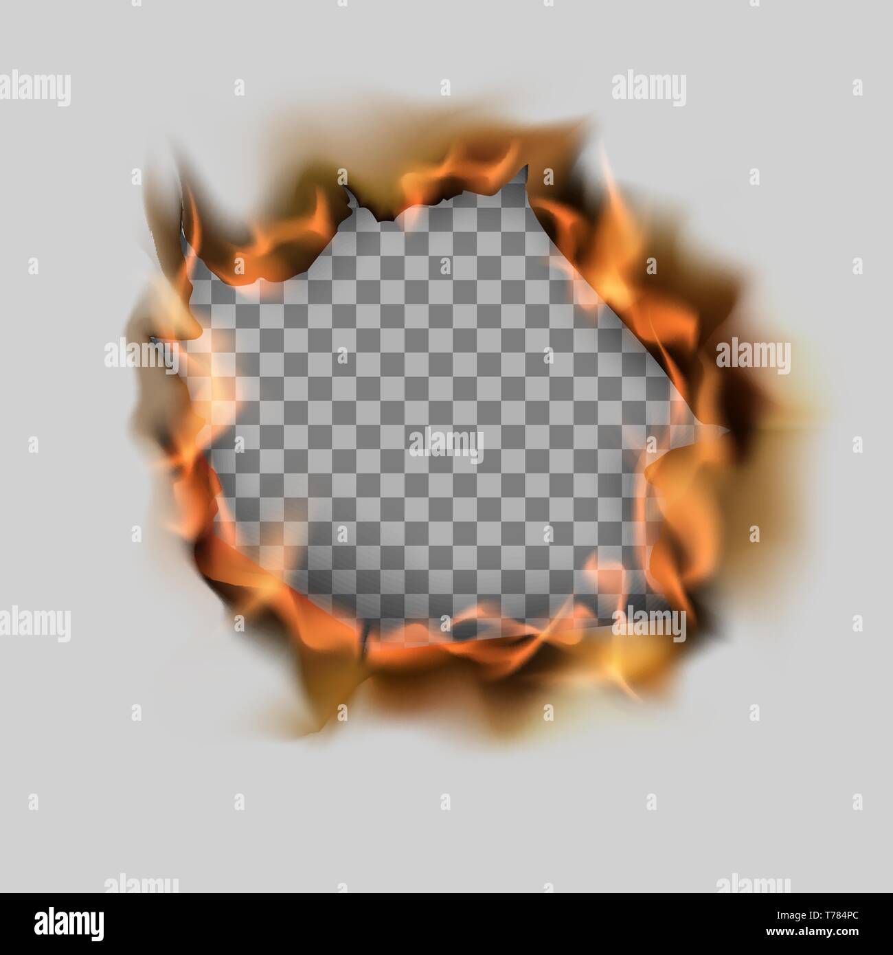 Brennende gerissene Loch in Blatt Papier und Flamme. Vector Illustration auf transparentem Hintergrund Stock Vektor