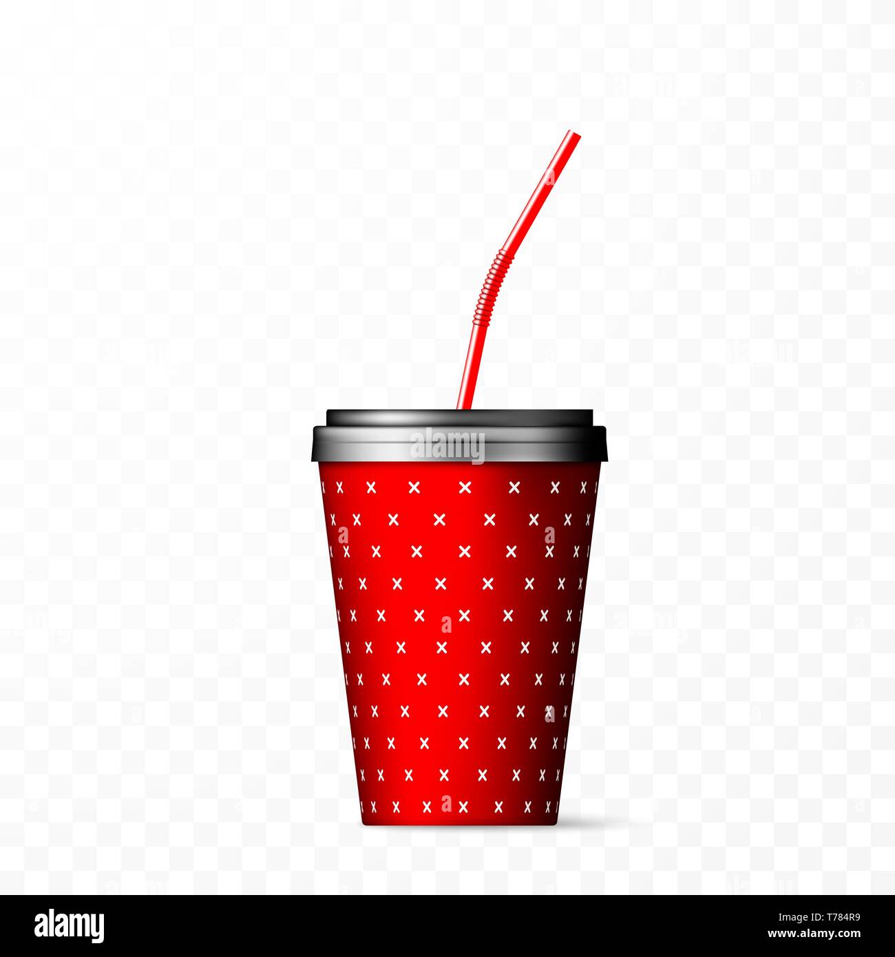 Rotes Papier Becher mit schwarzem Deckel und roten Stroh. Vector Illustration auf transparentem Hintergrund Stock Vektor