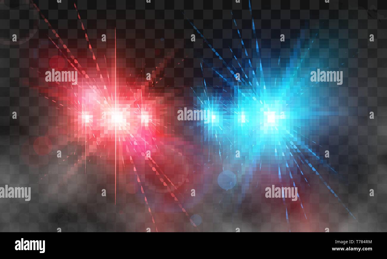 Flash rotes und blaues Licht Polizei Sirene im Nebel. Vector Illustration isoliert auf transparentem Hintergrund Stock Vektor