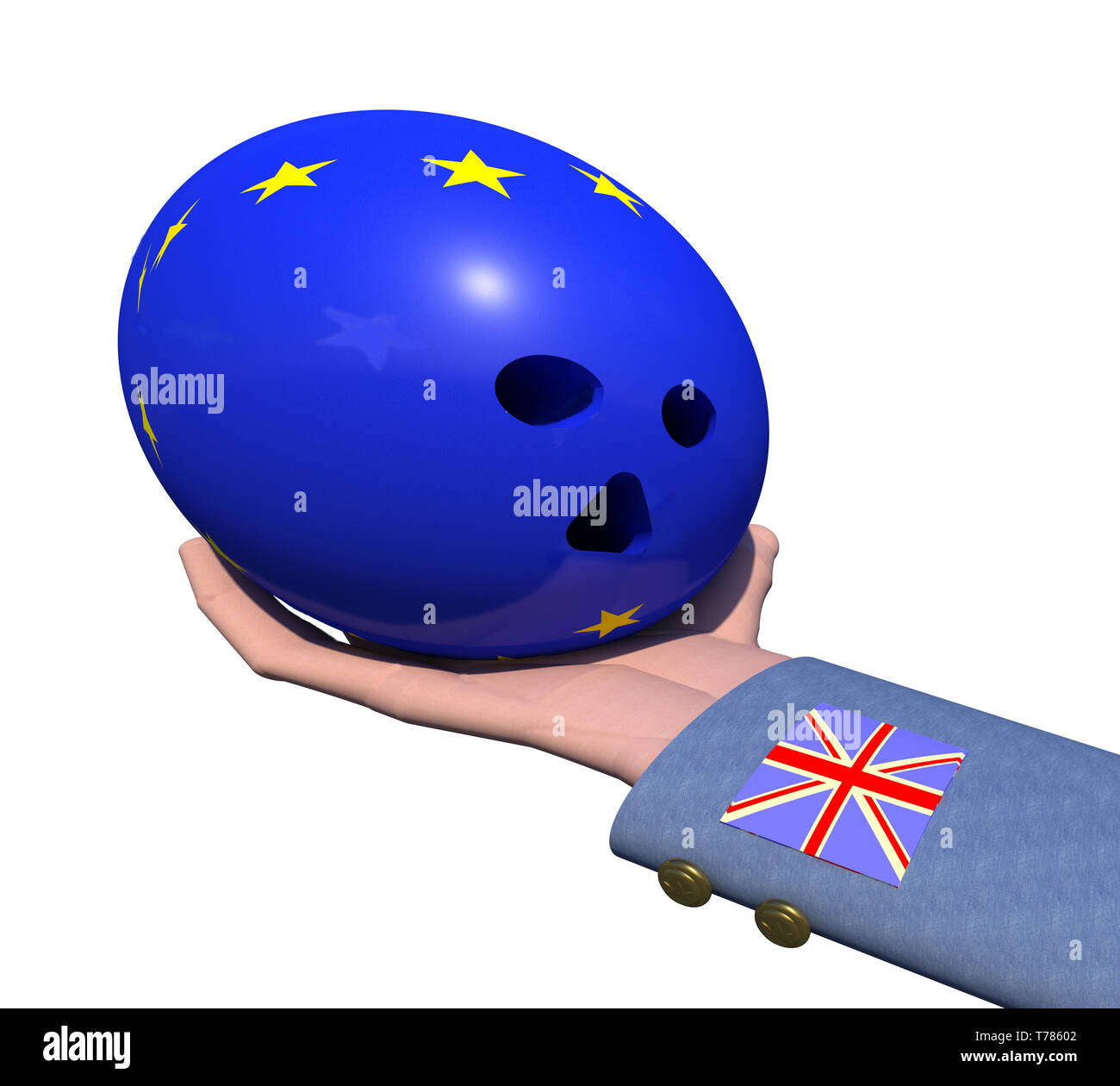 Zu B B oder nicht das ist hier die Frage 3D-Abbildung. Eine Hand mit Britische Flagge auf dem Ärmel holding EU-Flagge farbige Bowling Ball. Sammlung. Stockfoto
