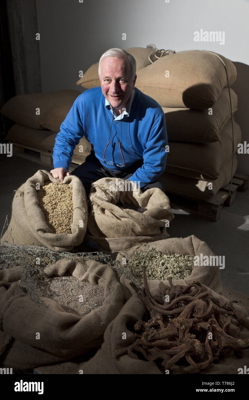 Distilleria Peloni: Egidio Tarantola Peloni, il titolare, mostra Cinque delle 16 Erbe pro preparare l'amaro Braulio. [ENG] Distilleria Peloni: egidi Stockfoto