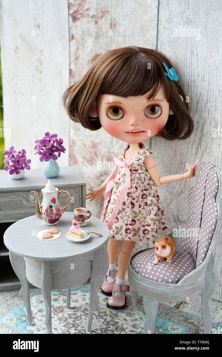 Schöne Puppe in einer Puppe Haus, individuelle Blythe doll Stockfoto