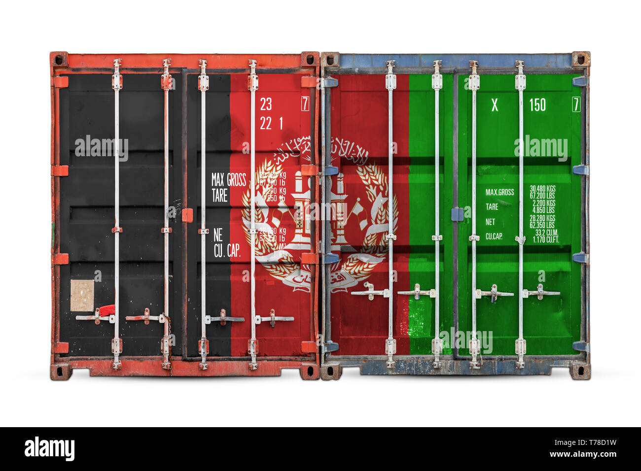 Das Konzept von Afghanistan export-import und die Lieferung von Waren. Nahaufnahme der Container mit der Nationalflagge von Afghanistan auf weißem iso Stockfoto