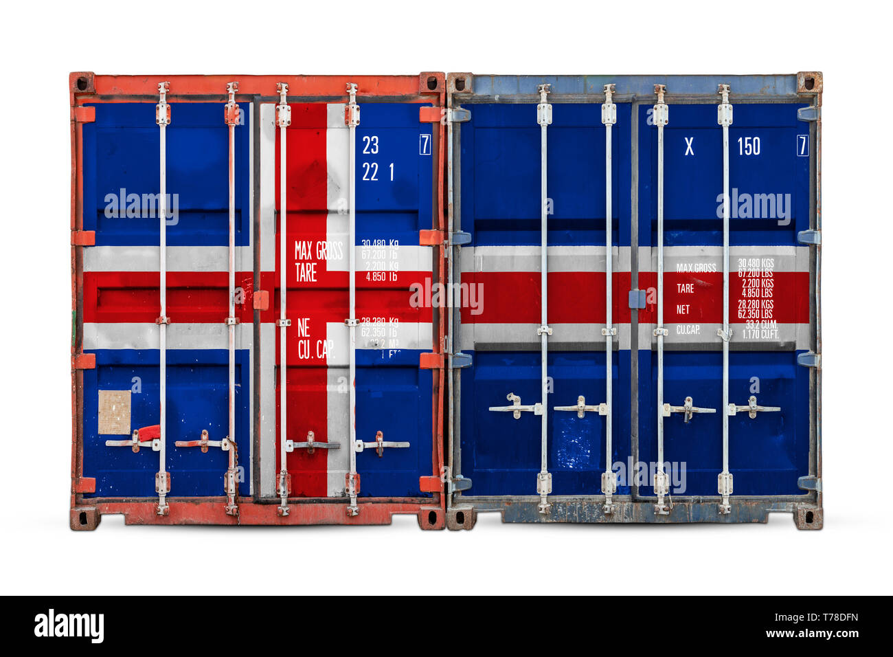 Das Konzept der Island export-import und die Lieferung von Waren. Nahaufnahme der Container mit der Nationalflagge von Island auf Weiß isoliert Ba Stockfoto