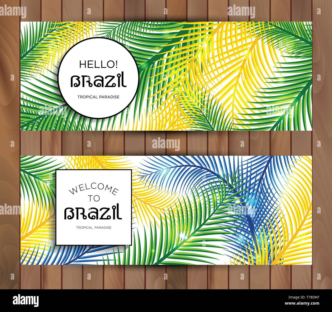 Nach Brasilien Willkommen! Vektor Banner gesetzt Abbildung: Farbe Palm. Stock Vektor