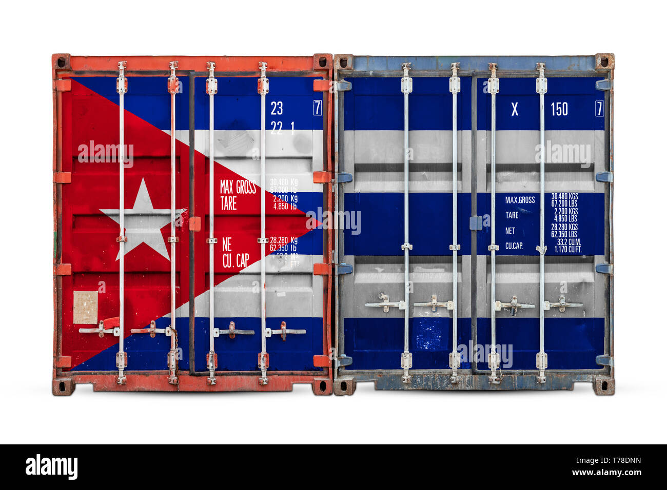 Das Konzept der Kuba export-import und die Lieferung von Waren. Nahaufnahme der Container mit der Nationalflagge von Kuba auf Weiß isoliert backgrou Stockfoto