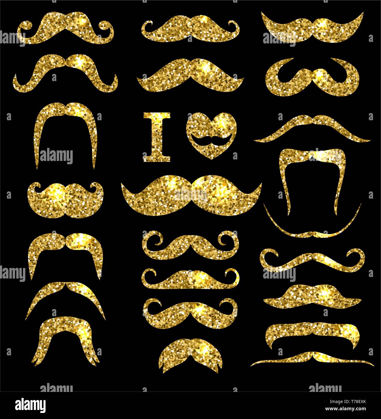 Schnurrbärte gold glitzer gesetzt. Designelemente. Stock Vektor