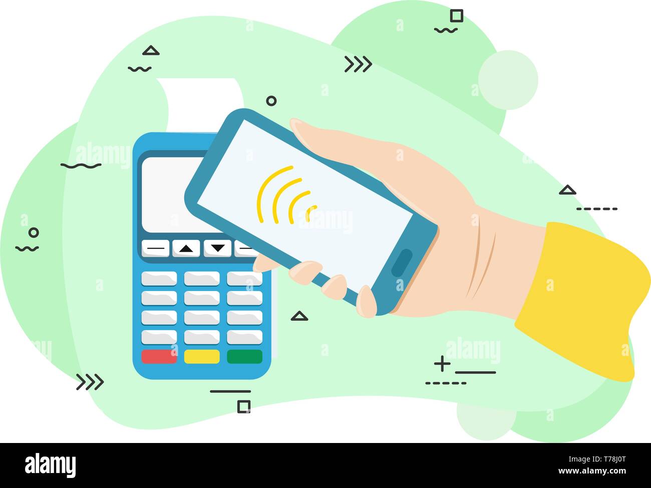 Flache Darstellung der Payment Terminal. Vektor pos-terminal die Zahlung per Smartphone bestätigt. Hand mit Smartphone in der Nähe von POS-Terminal. Flache Vektor Stock Vektor