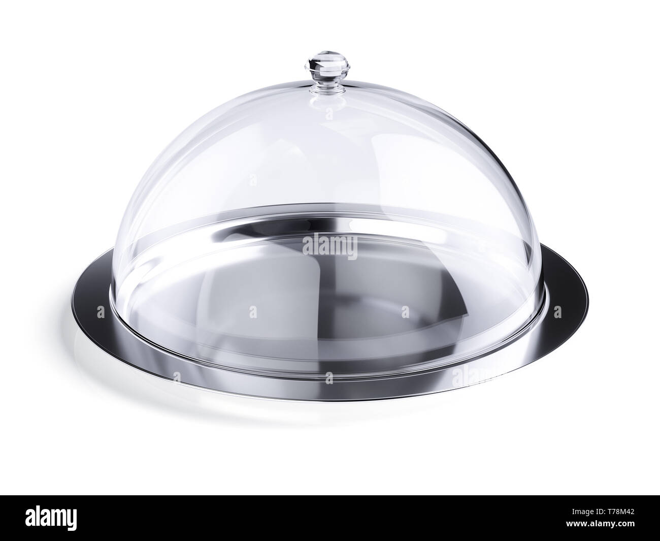Glas cloche isoliert. Transparente cloche Cap mit verchromten Metallplatte. 3D Rendering illustration Stockfoto