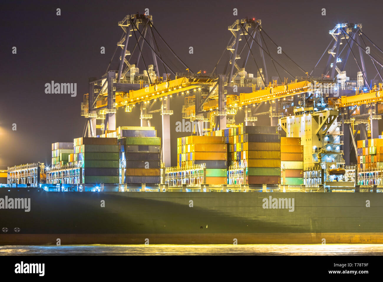 Brücke von beleuchteten Cargo Carrier Schiff in der Nacht in Rotterdam Maasvlakte Container Terminal in der Dunkelheit geladen wird. Die Niederlande Stockfoto