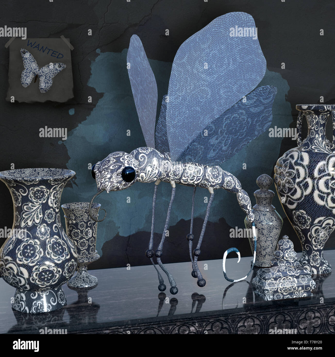 Surreale Schmetterling und Vasen mit Damast Textur Stockfoto