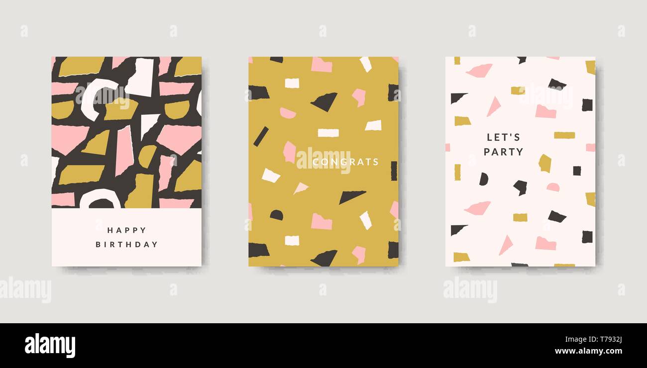 Moderne und spielerische Grußkarte Vorlagen mit Papier ausgeschnittenen Formen in Grün, Rosa, Braun und Creme. Moderne Collage Broschüren, Flyer, newslett Stock Vektor