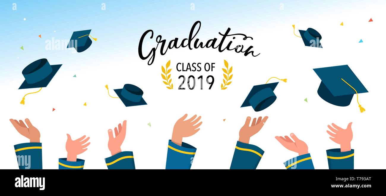 Absolventen der Klasse von 2019. Kappen und Konfetti auf einem weißen Hintergrund. Hüte bis geworfen, Vector Illustration, Banner Design Stock Vektor