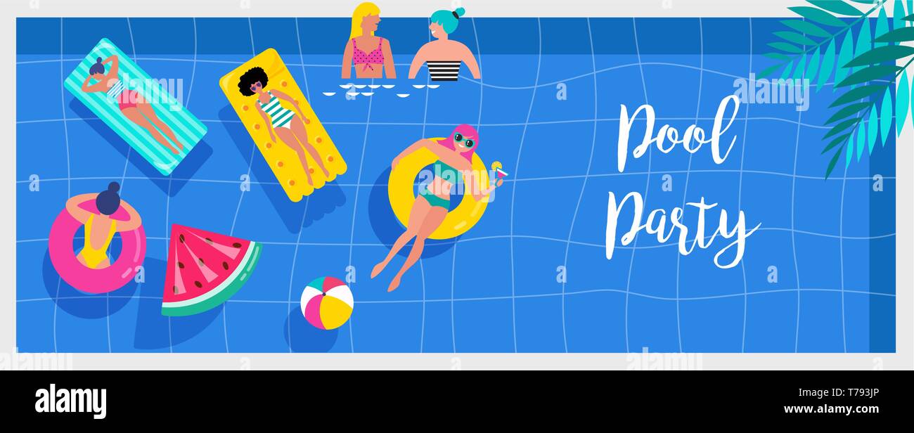 Pool Party Einladung, Hintergrund und Banner mit Miniatur Menschen schwimmen und Spaß am Pool. Vector Illustration Stock Vektor