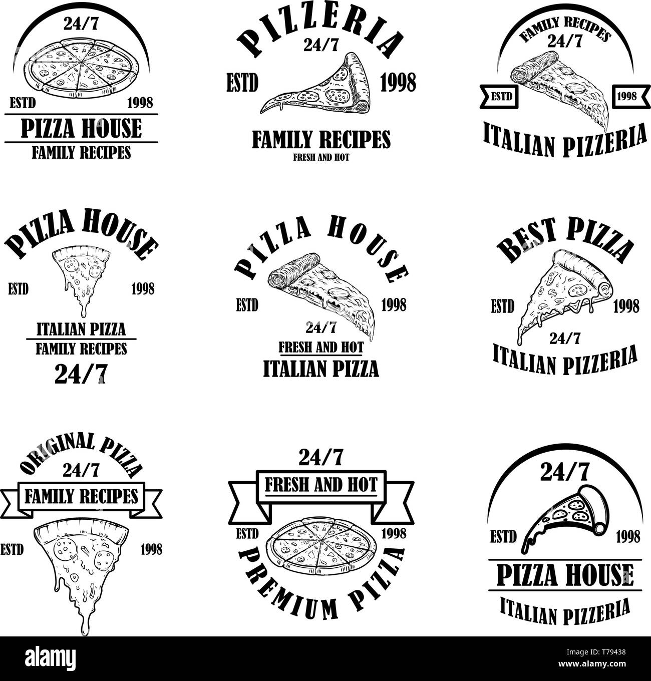 Satz von Pizza Haus Embleme. Pizzeria Etiketten. Design Element für Logo, Zeichen, Poster, Plakat, Karte. Vector Illustration Stock Vektor