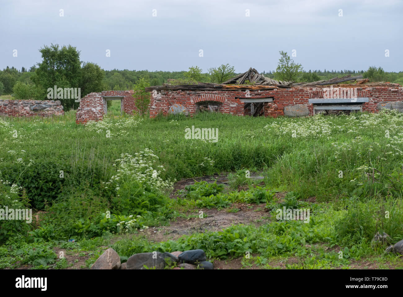 Ruinen von Gebäuden an der Sergievsky Kloster auf der Insel Muksalm, solowki Inseln, Archangelsker Gebiet, Russland Stockfoto