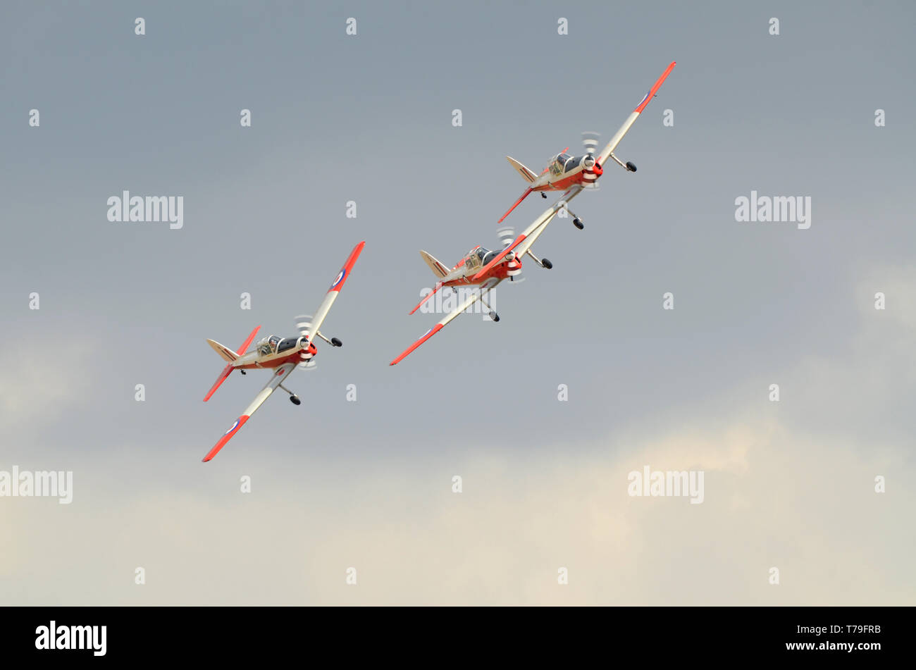 Red Spatrows, ein Flugzeugteam, das drei de Havilland Canada DHC-1 Chipmunk-Flugzeuge fliegt. Nennen Sie ein Wortspiel auf den roten Pfeilen der RAF Stockfoto