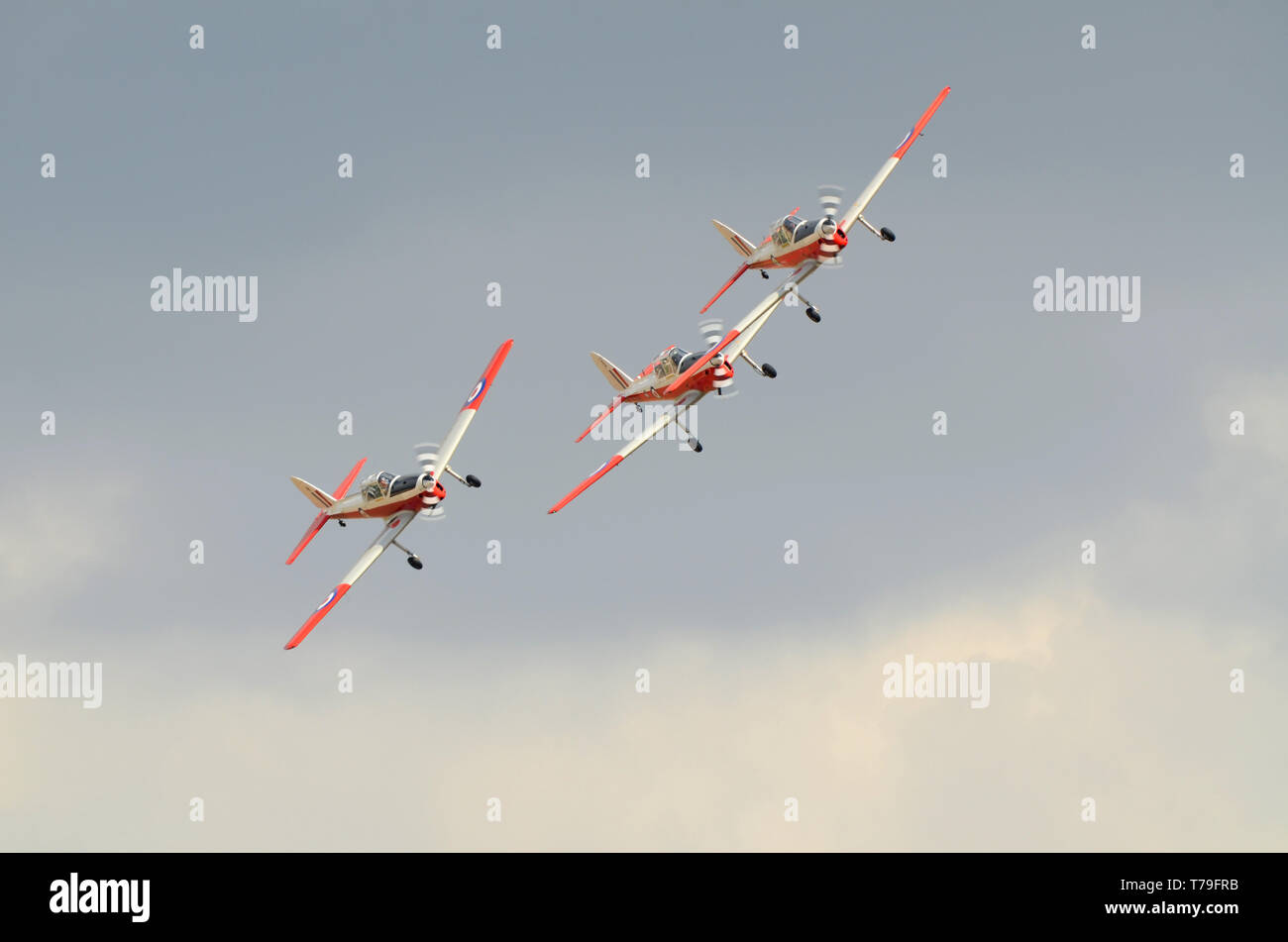 Red Spatzen, ein Air Display Team fliegen drei de Havilland Canada DHC-1 Chipmunk Flieger. Name ein Wortspiel auf RAF Red Arrows. Platz für Kopie Stockfoto