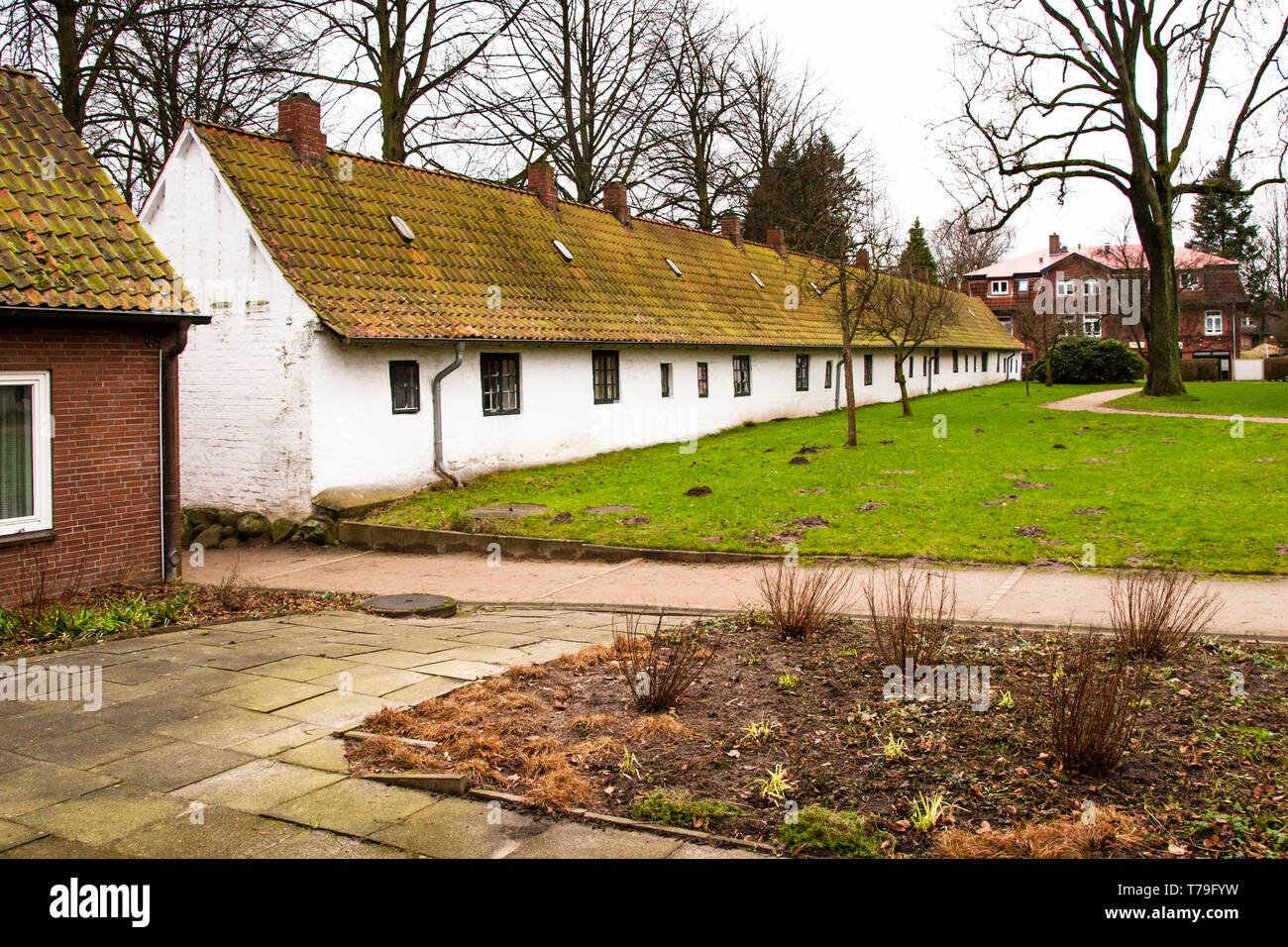 Gottesbuden in Ahrensburg, Deutschland. 22 Häuser (Gottes), die bedürftige Menschen für den symbolischen Betrag von weniger als einem Euro gemietet werden Stockfoto