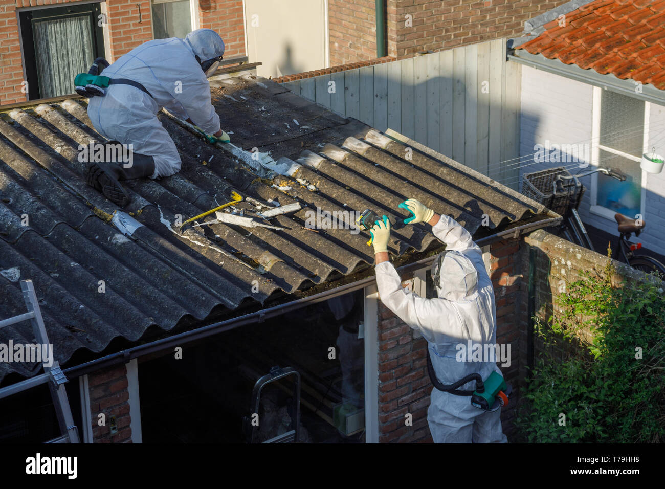 Professionelle Entfernung von Asbest. Männer in Schutzanzügen aus Asbestzement gewölbte Dachmaterialien Stockfoto