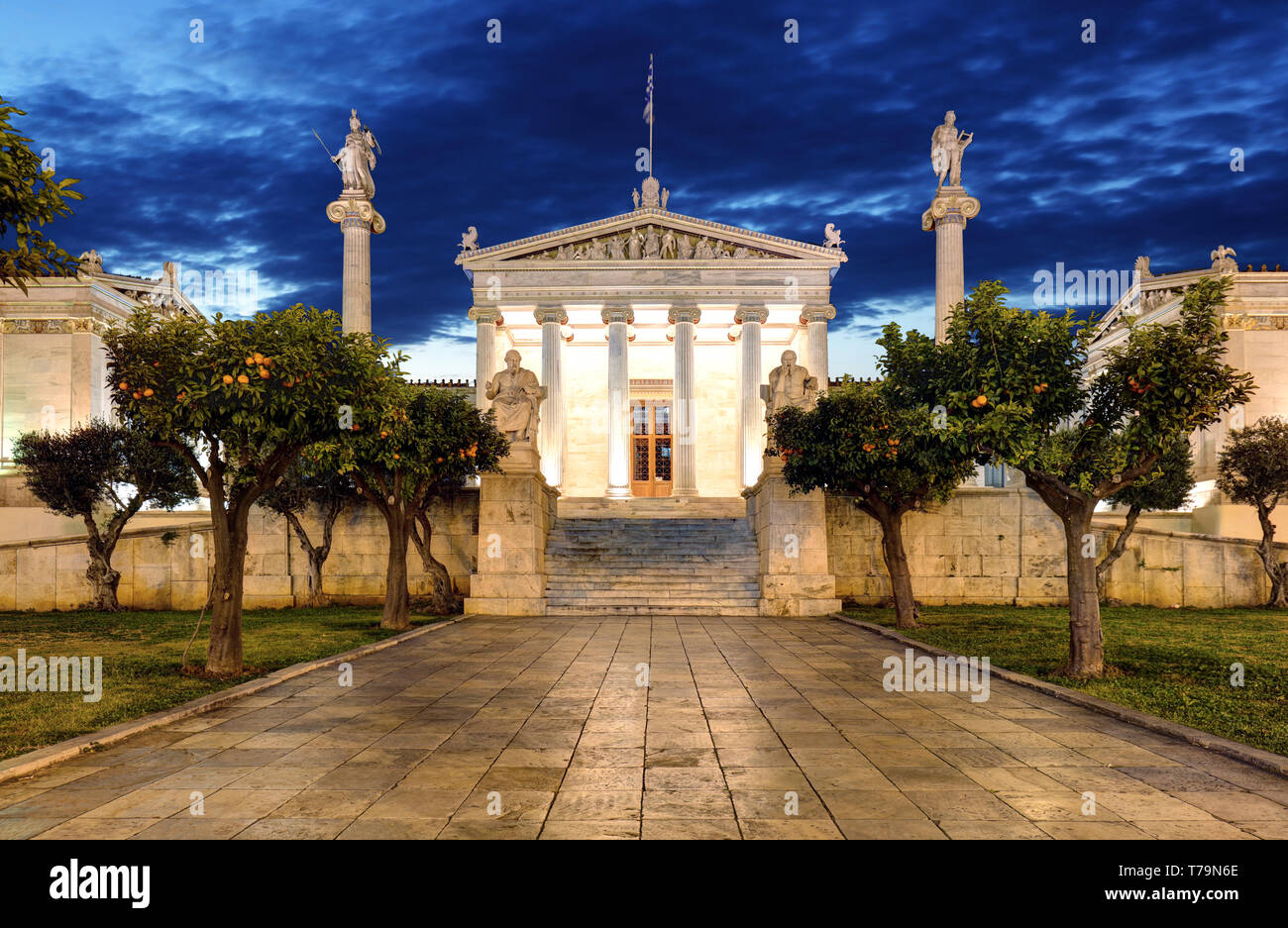 Nacht Panorama der Akademie von Athen, Attika, Griechenland Stockfoto