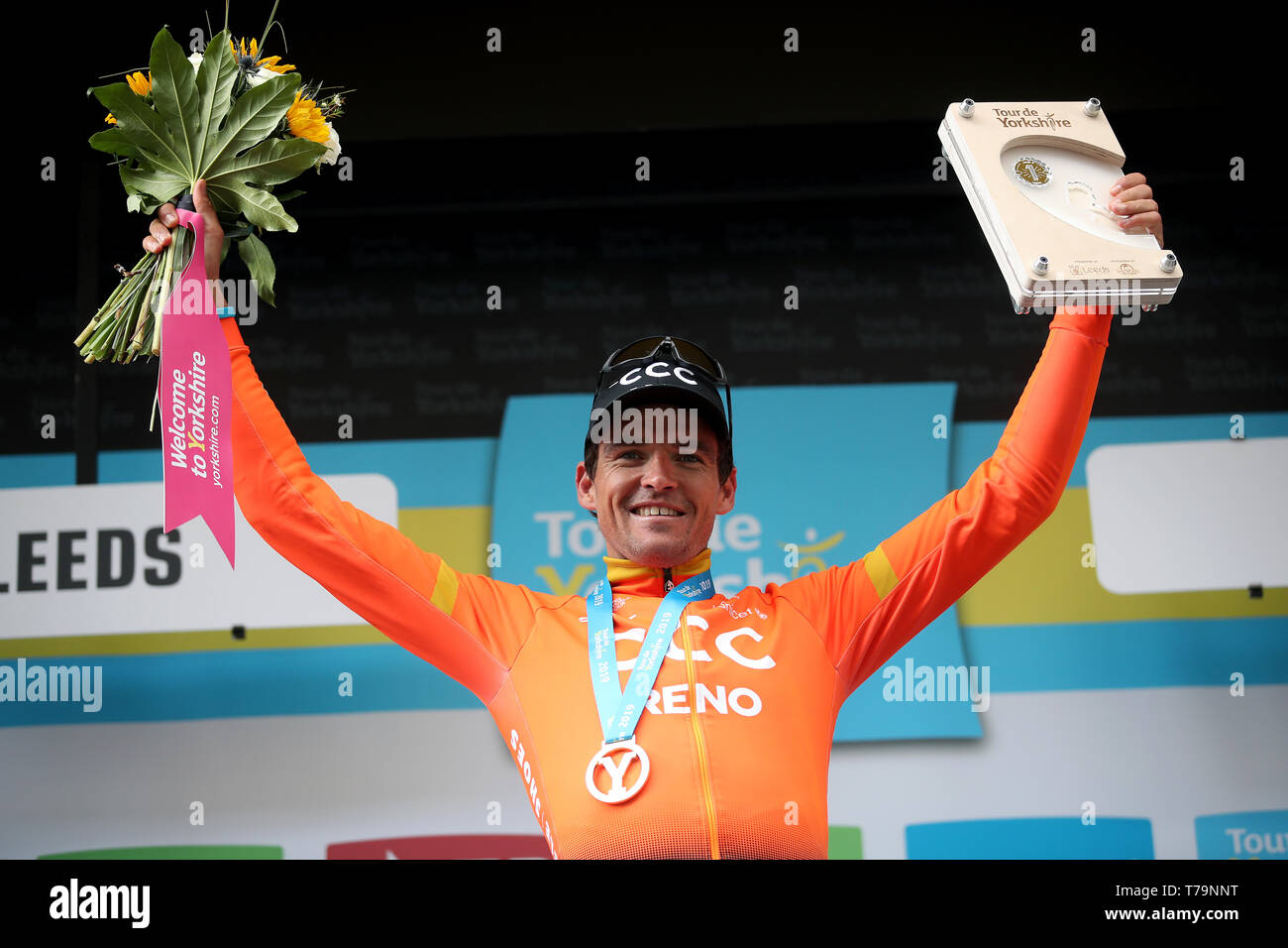 Das CCC Team Greg Van Avermaet feiert gewinnt vier der Tour de Yorkshire. Stockfoto