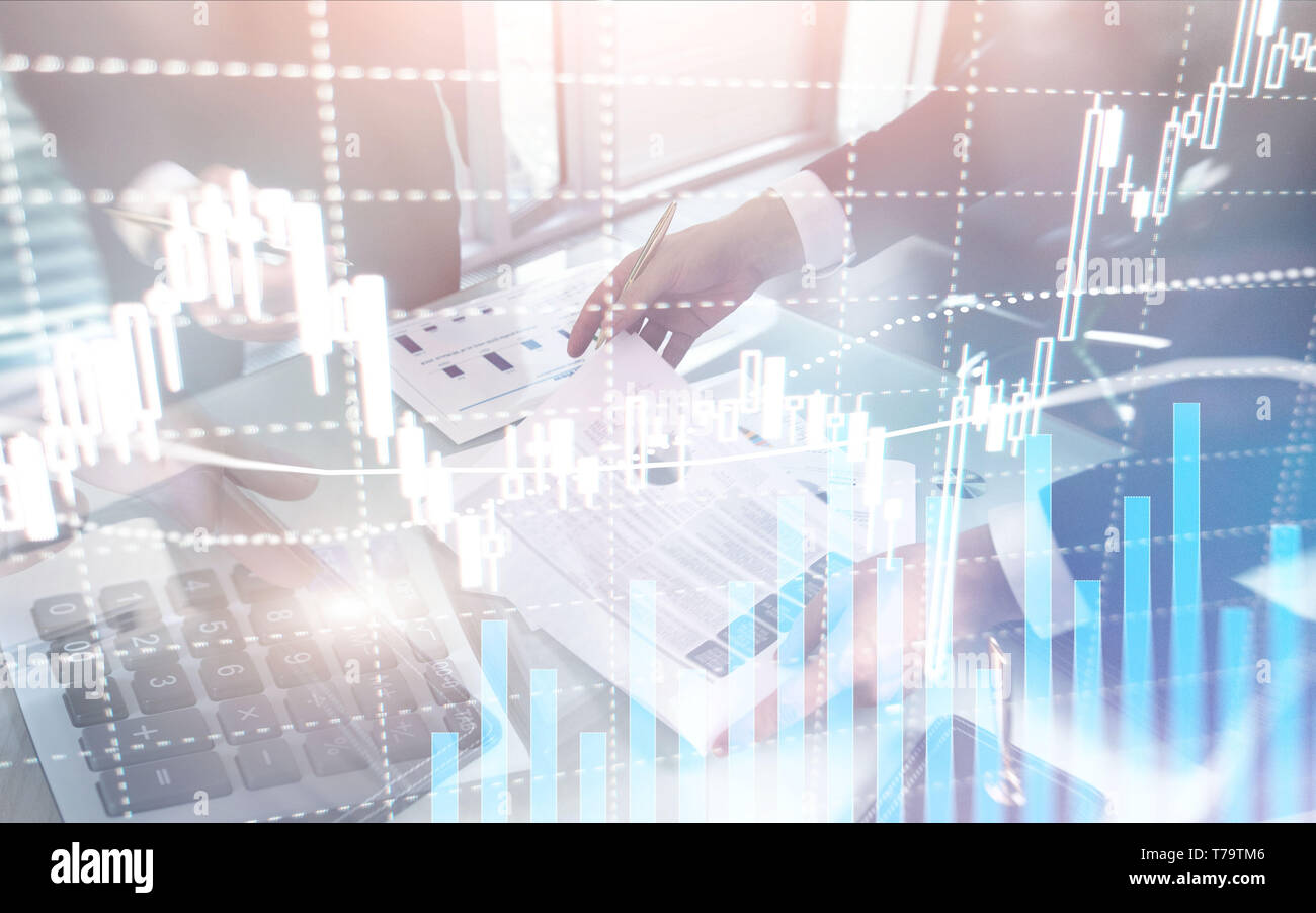 Digitale Börse. Financial Business Börse Grafik candle Stick. Forex Trading. Münzen und megapolis Hintergrund. Stockfoto
