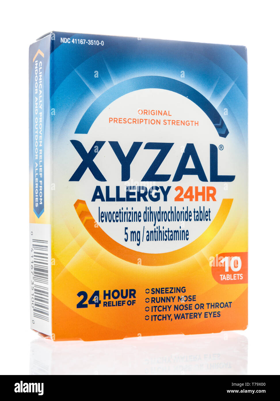 Winneconne, WI - 1. Mai 2019: ein Paket von xyzal Allergie Medizin auf einem isolierten Hintergrund. Stockfoto