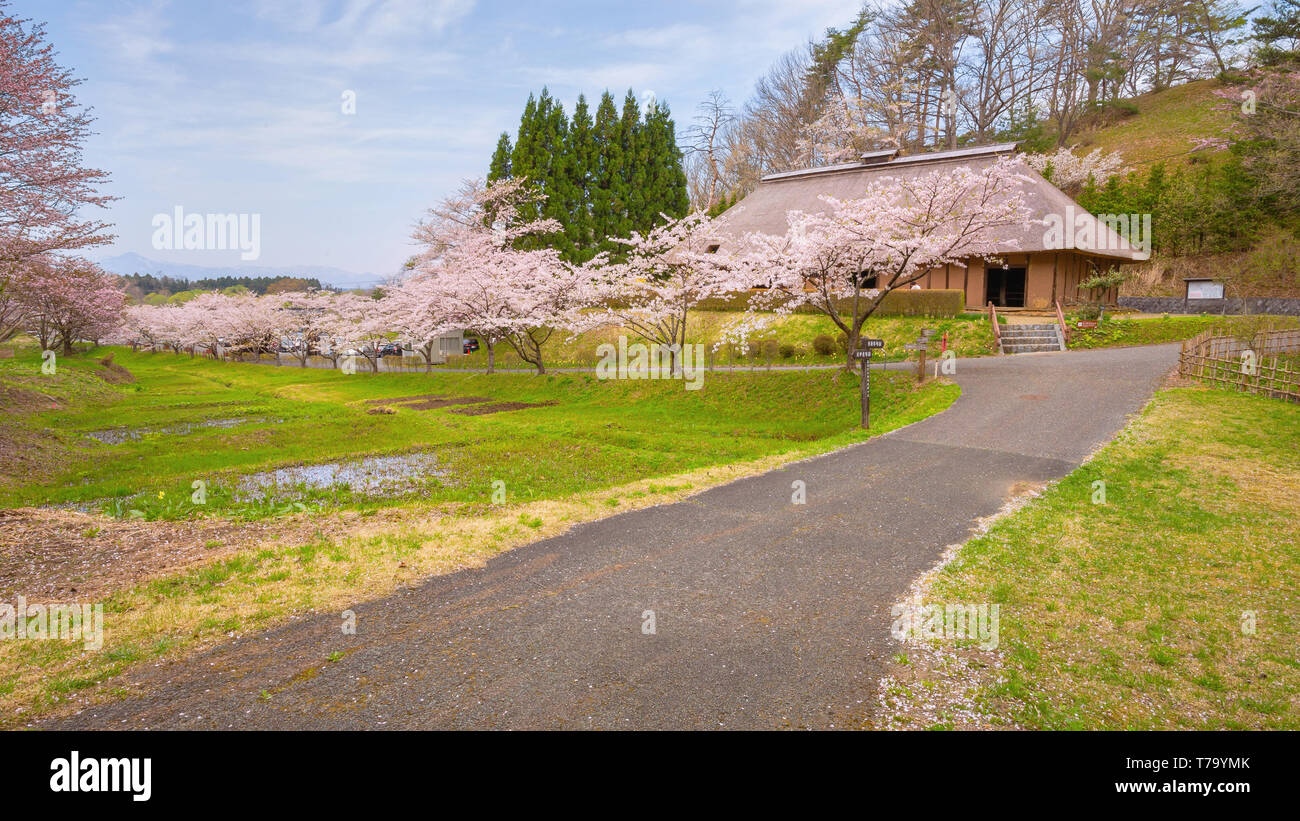 Kitakami, Japan - 22 April 2018: michinoku Folklore Dorf ist eine Fundgrube an historischen Häusern und folkloristische Artefakte. Die meisten Gebäude und Stockfoto
