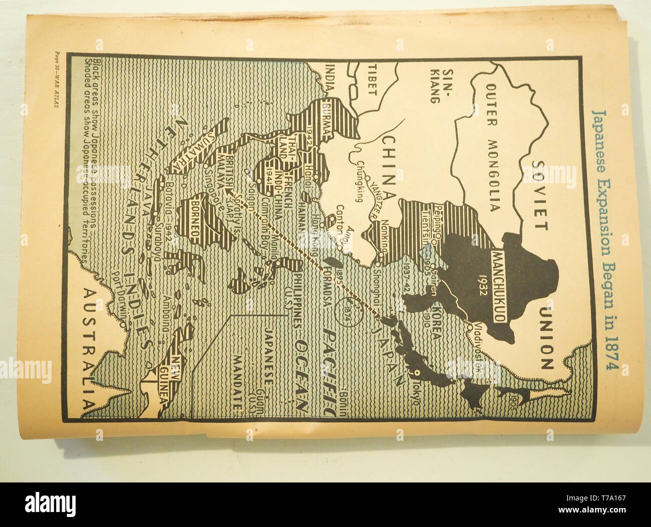 Redaktionelle Veröffentlichung vom Januar 1943, die die japanische Expansion Anfang 1874. Die Karte zeigt die japanische Besatzung. Stockfoto
