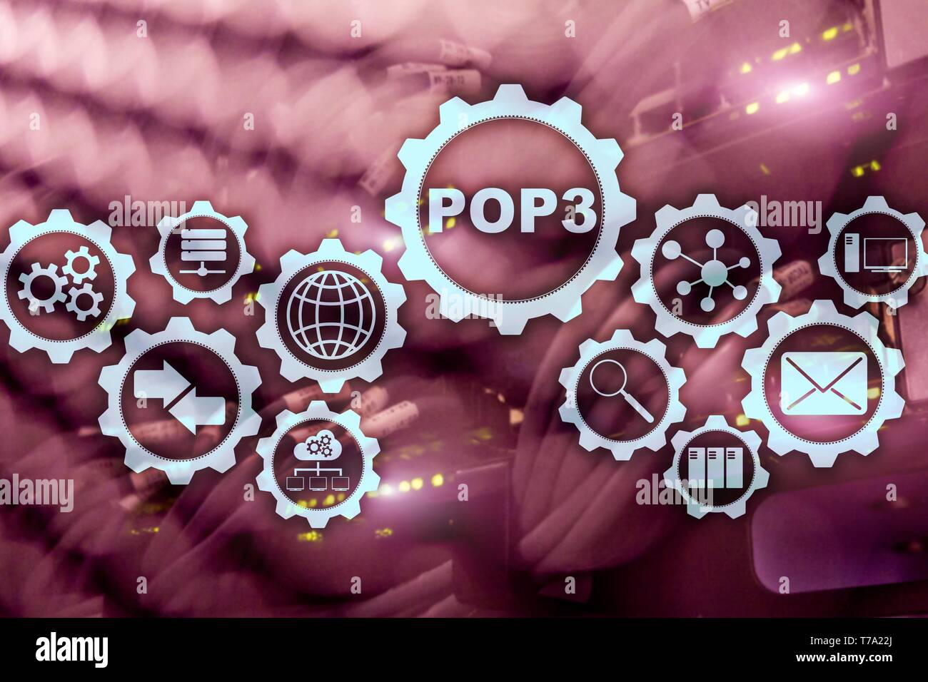 POP3. Post Office Protocol Version 3. Standard internet Protocol auf Datacenter Hintergrund. Stockfoto