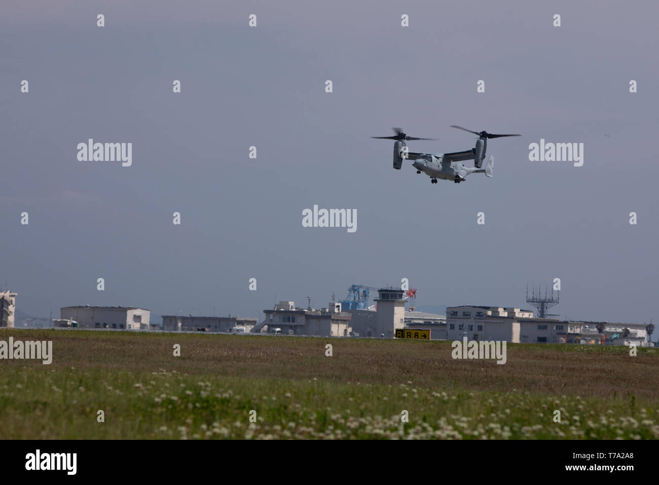 Ein U.S. Marine Corps MV-22 B Osprey mit Marine Medium Tiltrotor Squadron (VMM) 265 und Marines mit 3 Bataillon, 6 Marine Regiment, 2nd Marine Division, führen Sie eine Marine Air-Ground Task Force Demonstration auf der 43 Japan Maritime Verteidigung-kraft - Marine Corps Air Station Iwakuni Freundschaft Tag bei WAB Iwakuni, Japan, Mai 5, 2019. Seit 1973, WAB Iwakuni hat einen einzigen Tag air show entwickelt, positive Beziehungen zu fördern und eine spannende Erfahrung zeigt, dass die kommunale Unterstützung zwischen den USA und Japan bieten statt. Die air show umfasste verschiedene US-amerikanische und japanische Statische di Stockfoto