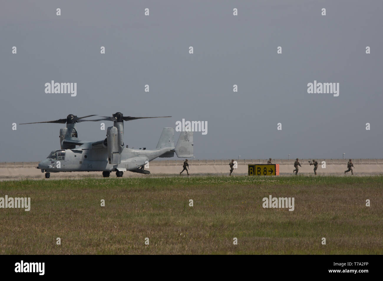 Ein U.S. Marine Corps MV-22 B Osprey mit Marine Medium Tiltrotor Squadron (VMM) 265 und Marines mit 3 Bataillon, 6 Marine Regiment, 2nd Marine Division, führen Sie eine Marine Air-Ground Task Force Demonstration auf der 43 Japan Maritime Verteidigung-kraft - Marine Corps Air Station Iwakuni Freundschaft Tag bei WAB Iwakuni, Japan, Mai 5, 2019. Seit 1973, WAB Iwakuni hat einen einzigen Tag air show entwickelt, positive Beziehungen zu fördern und eine spannende Erfahrung zeigt, dass die kommunale Unterstützung zwischen den USA und Japan bieten statt. Die air show umfasste verschiedene US-amerikanische und japanische Statische di Stockfoto