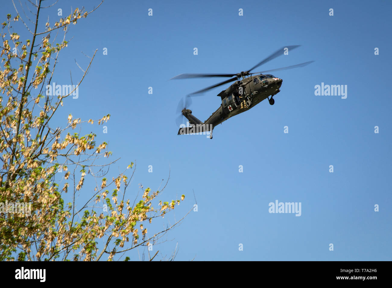 Us-Armee Reservisten Durchführen einer Hubvorrichtung Extraktion eines simulierten Unfall in einem Bereich mit chemischen, biologischen, radiologischen oder nuklearen Kontamination bei Muscatacuck Urban Training Center, in der Nähe von Butlerville, Ind., 5. Mai 2019. Guardian Antwort 19 ist eine gemeinsame, multi-component Training durch die amerikanische Armee Finden 78th Abteilung Weiterbildung gesteuert und verfügt über mehr als 9.000 Service Mitglieder aus dem ganzen Land. Die Übung testet die Fähigkeit des US-Militärs zu einem chemischen, biologischen, radiologischen oder nuklearen Katastrophe als Teil der Verteidigung Unterstützung der Zivilgesellschaft Authorit Stockfoto