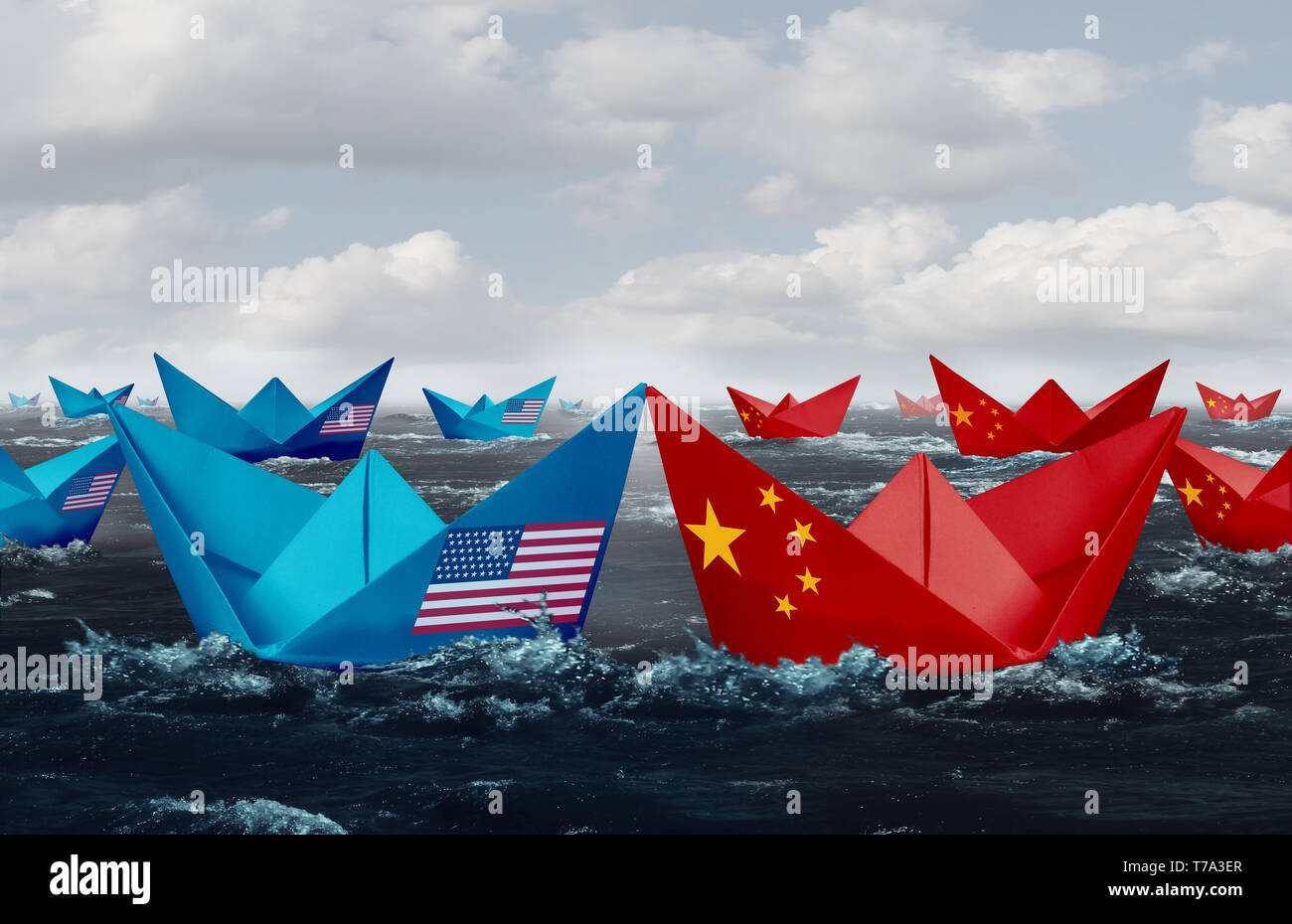 China United States Trade Tarife USA Handel und Amerikanischen Tarife Konflikt mit zwei gegenüberliegenden Handelspartner als wirtschaftliche Import und Export. Stockfoto