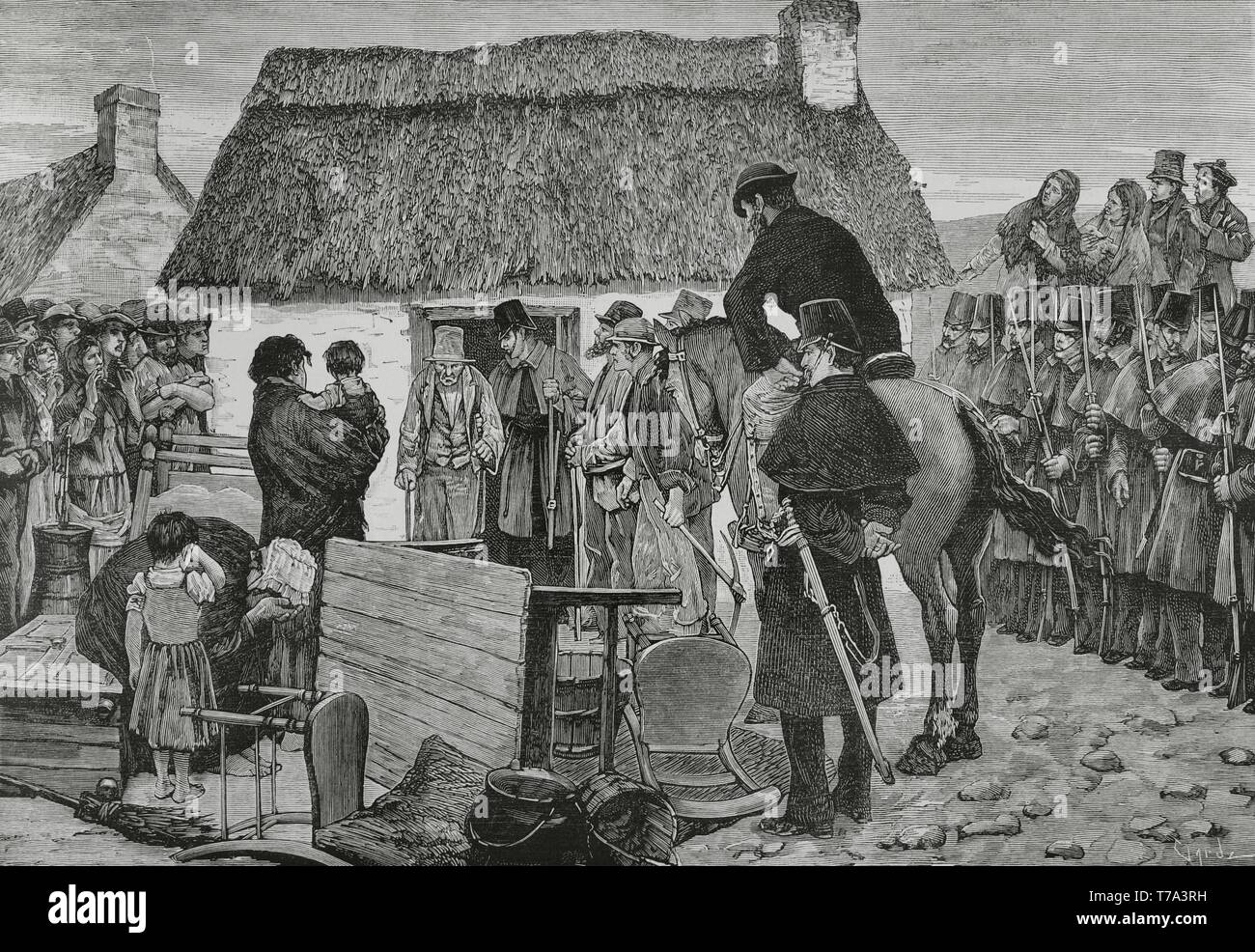 Irlanda. Episodio de la Krise agraria Irlandesa. Desahucio y Embargo de bienes de una Familia de Colonos. Grabado por Tomás Carlos Capuz (1834-1899). La Ilustración Española y Americana, 30 de marzo de 1881. Stockfoto