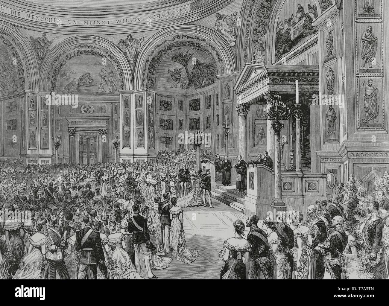 Guillermo II de Alemania (1859-1941). Alemania. Berlín. Celebración del matrimonio religioso de Los Príncipes Federico-Guillermo (futuro Guillermo II) y de La Princesa Augusta Victoria de Schleswig-Holstein (Futura Reina consorte). Capilla del Palacio Imperial el 27 de febrero de 1881. Grabado. La Ilustración Española y Ameriana, 8 de marzo de 1881. Stockfoto