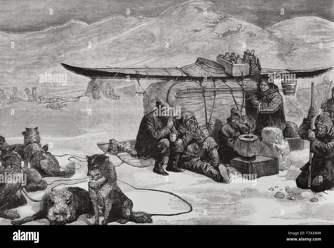 La Expedición perdida del capitán Sir John Franklin a la Zona ártica canadiense acabó trágicamente con La muerte de Los 129 tripulantes. El Almirantazgo inició en una 1848 Suche de la expedición perdida. "Expedición en Busca de los restos de Franklin. Descanso de los expedicionarios al Pie de la Montaña de Kluft". Grabado. La Ilustración Española y Americana. 1881. Stockfoto