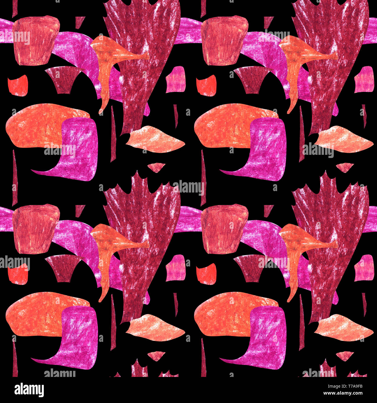 Nahtlose abract Muster. Orange, Rosa und Burgund geometrische Formen auf einem schwarzen Hintergrund. Farbenfrohe abstrakte Hintergrund. Stockfoto