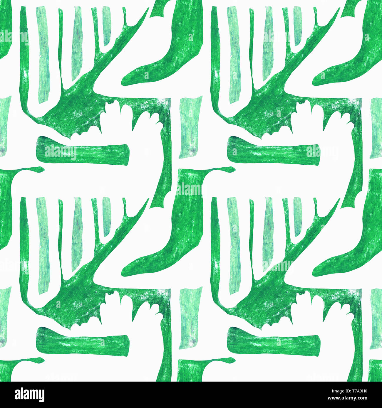 Nahtlose abstraktes Muster. Grüne geometrische Formen auf einem weißen Hintergrund. Kontrastierende rhythmische Ornament mit scharfen Elementen. Stockfoto