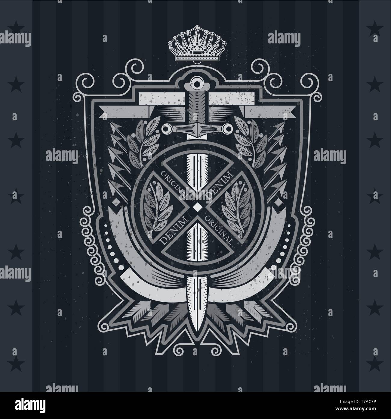 Vertikale Schwert und runden Rahmen in der Mitte des Blattes Kranz und Pfeile. Vektor heraldische Element für das Design oder T-Shirt Aufdruck auf der Tafel Stock Vektor