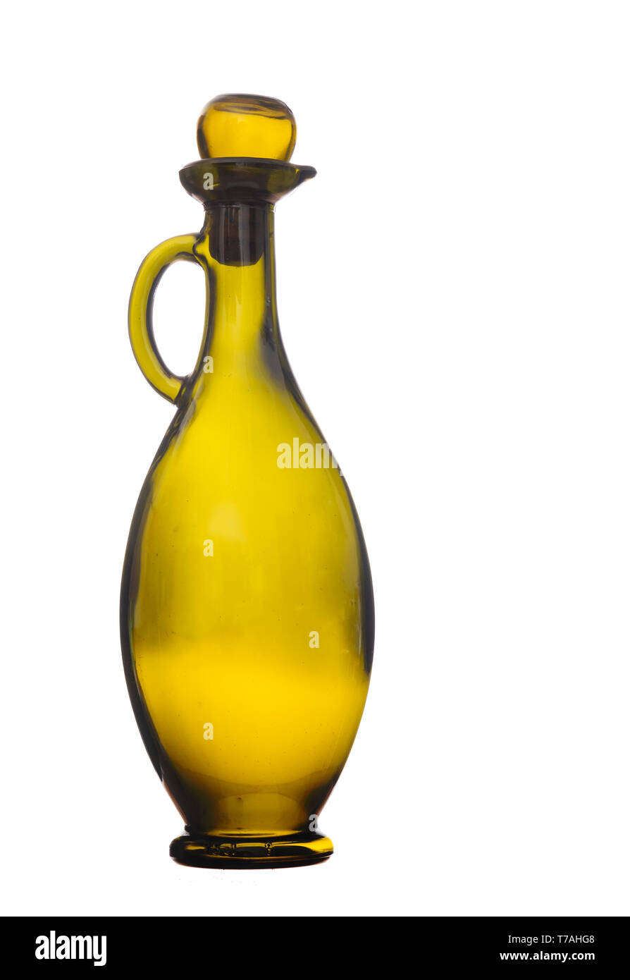 Olivenöl Flasche auf Weiß. Schöne Form mit Griff und Glasstopfen. Stockfoto